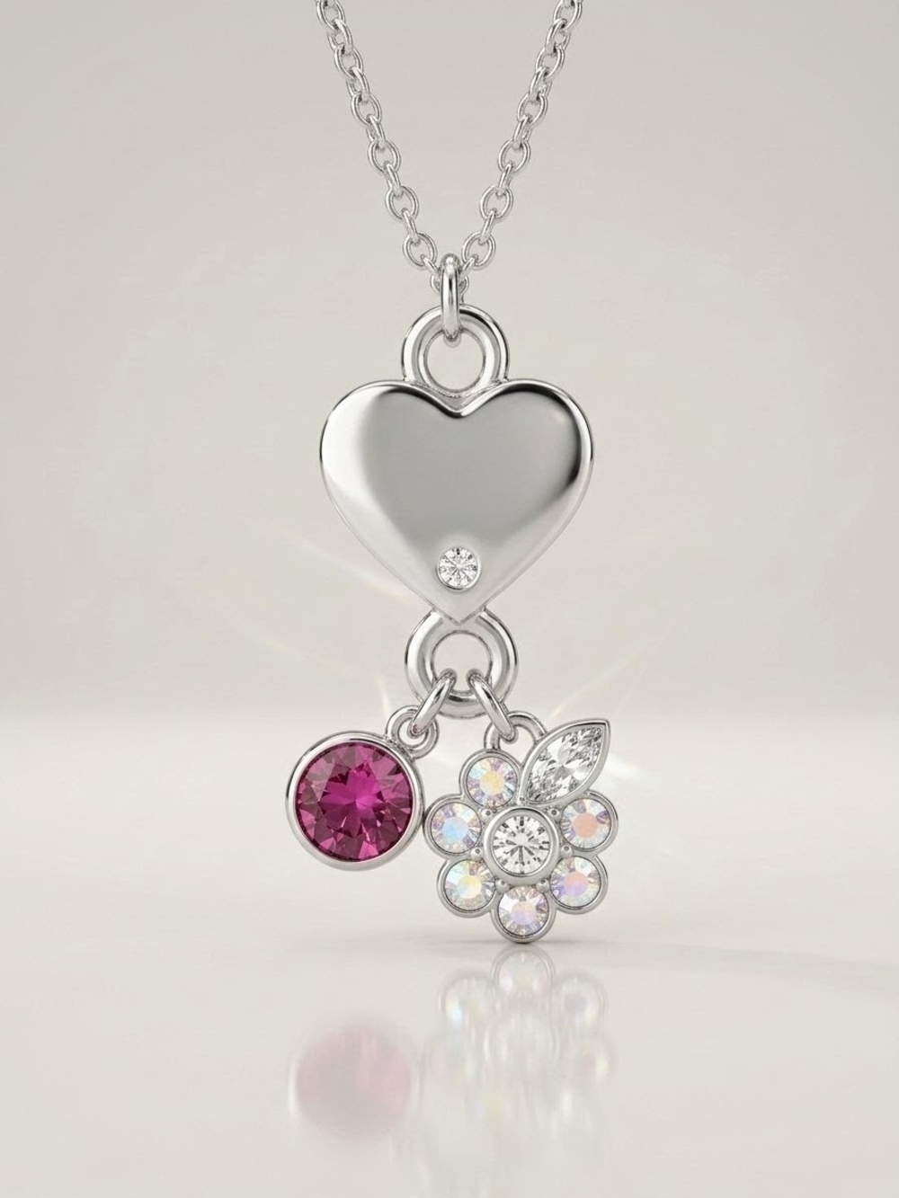Y2K Vintage Swarovski Crystal Fuchsia Heart & Daisy Charm Necklace